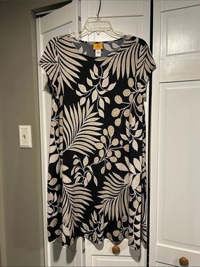 Ruby Rd. Black Dress with Cream Tropical Leaf Print